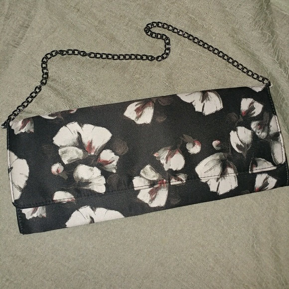 WHBM | Black Satin Cherry Blossom Printed Oblong Envelope Chain Clutch Bag